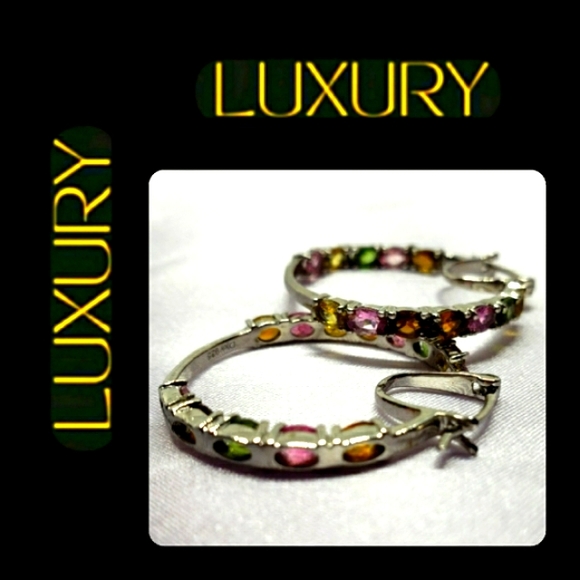 Tourmaline Multicolored Hoop Sterling Silver Earrings - Picture 4 of 4